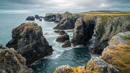 Rugged coastline with dramatic rock formations and waves.