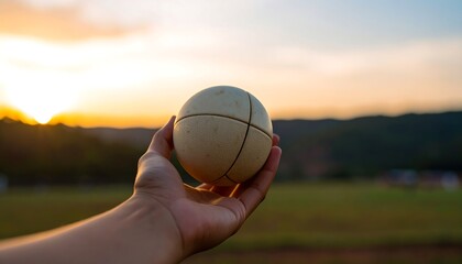 Hand holding a light beige ball at sunset