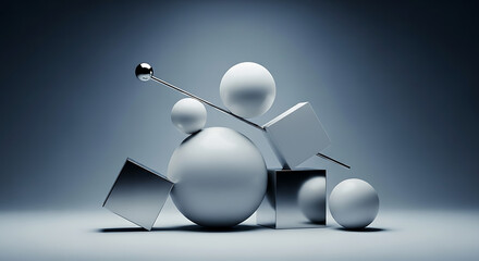 Abstract geometric shapes composition of spheres and cubes on gray background