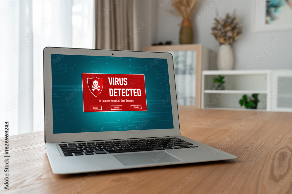 Poster virus warning alert on computer screen detected modish cyber threat , hacker, computer virus and mal