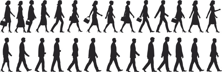 Business Silhouettes Walking in Office, Flat Vector Illustration, CAD Drawing, Corporate Design