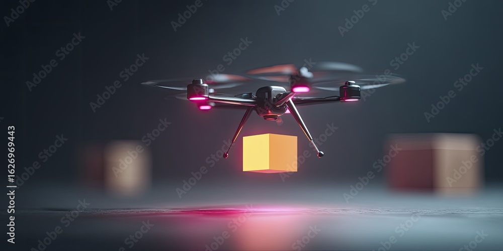 Poster futuristic drone delivering illuminated package in minimalistic setting