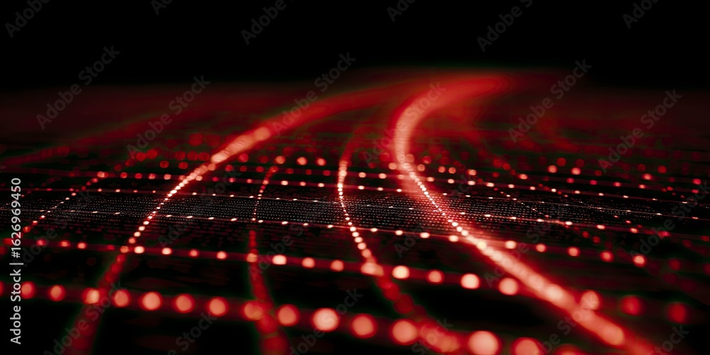 Poster futuristic digital red grid with dynamic network lines on black background