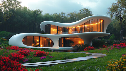 Modern Luxury Villa with Organic Architecture, Illuminated at Dusk