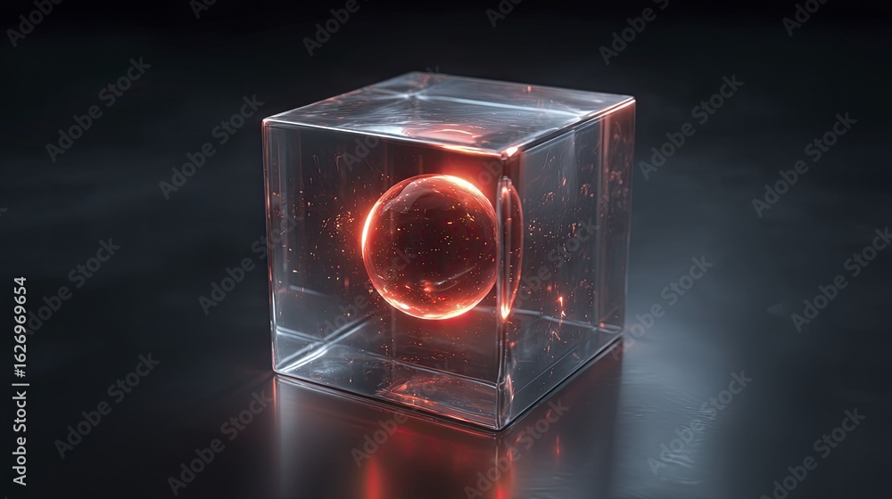 Poster glowing sphere encased in transparent cube with ethereal light inside innovative display