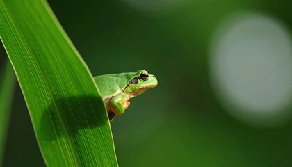 Small green frog on a vibrant green leaf