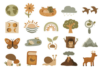 Natural science set in scandinavian style with showing earth, animals, plants, mountains, forest, clouds. sun, moon, volcano for your creative designs projects © Sergii Ieromin