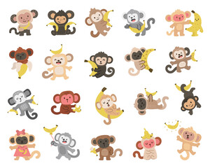 Cute monkey character set in scandinavian style enjoying bananas and showing different emotions while sitting, hugging, smiling, sleeping, eating, and outfits for yours projects