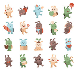 Bug animal character set in scandinavian style with different cute objects and poses including apple, balloon, candy, flower, gift, pillow, book, box, heart, envelope