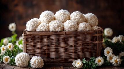 Basket of Cream-Colored Pom-Pom Yarn with Daisies