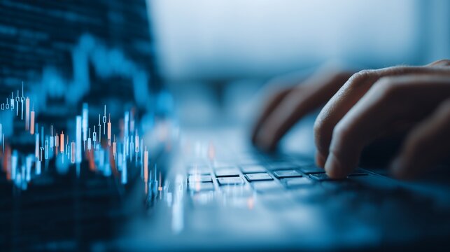 Close-up of hands typing on a laptop, stock charts overlayed