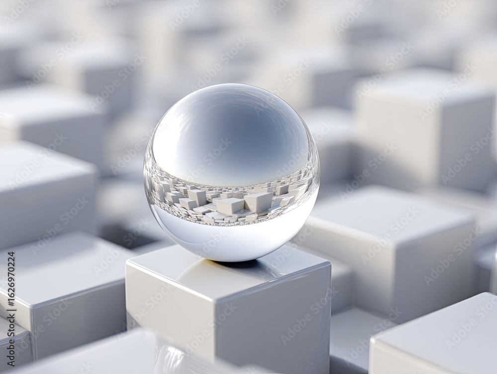Poster reflective sphere on geometric cubes in soft monochrome abstract style