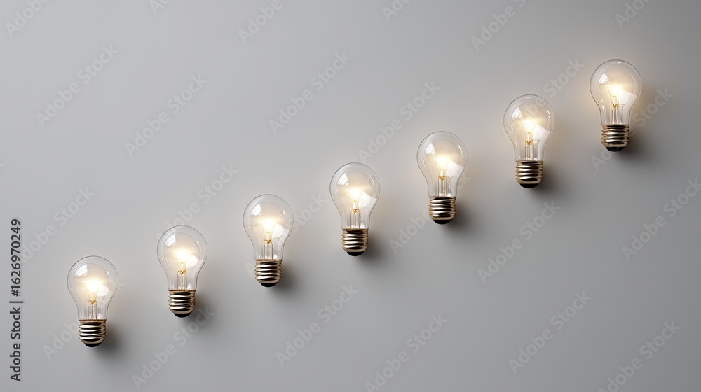 Poster illuminated bulbs in sequence on grey backdrop symbolizing ideas and innovation