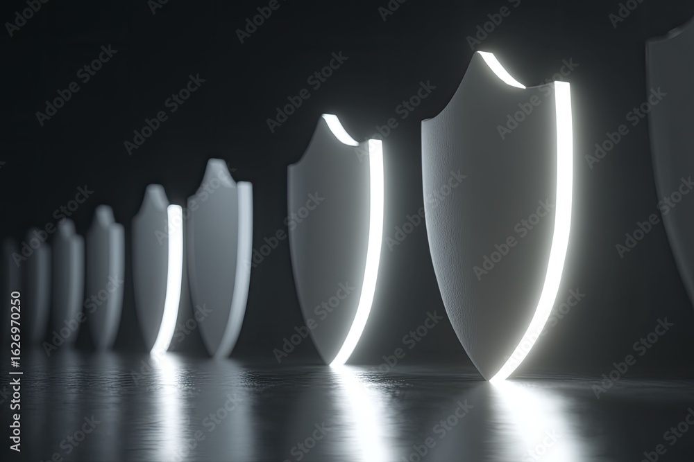 Poster row of illuminated shields in a dark ambient reflective hallway setting
