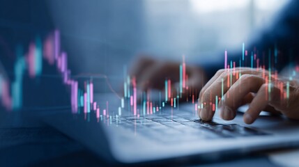 Close-up of hands typing on a laptop with stock market graphs overlaid.  Hands on keyboard, overlaid with colorful, dynamic stock market charts.  Business or finance concept