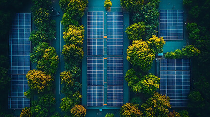Aerial View of Solar Panels Integrated into Lush Greenery