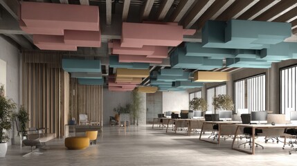 3D pastel open-plan office with acoustic baffles for neurodivergent workspace needs