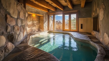 Interior hot tub with stone walls and large windows.