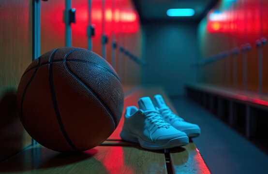 Basketball and sneakers rest on wooden bench in dimly lit locker room. Team sports equipment is ready for next game. Atmosphere suggests competition, training, and athletic preparation.