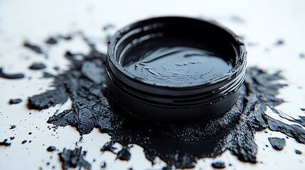 Black Cosmetic Cream or Paste in Jar with Spilled Product on White Background