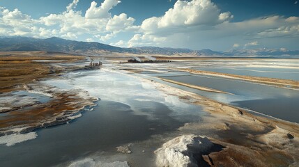 Salt flats with industrial structures under a partly cloudy sky.