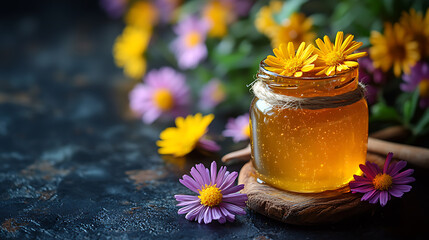 Golden Honey in a Jar with Blooming Flowers on Rustic Background