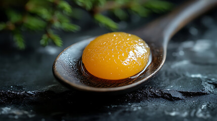Golden Egg Yolk on Wooden Spoon, Close-up Macro Photography