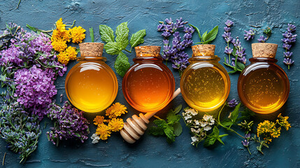 Aromatic Honey Collection with Blooming Herbs and Flowers