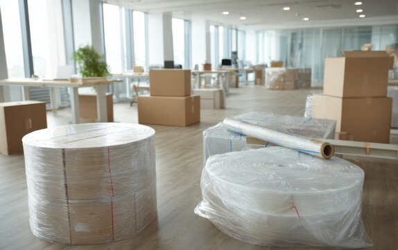 Office relocation preparations with packed boxes and rolling wraps in modern workspace