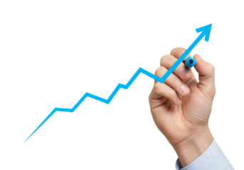Hand with a blue marker drawing a rising arrow graph, symbolizing growth. Isolated on transparent background, png