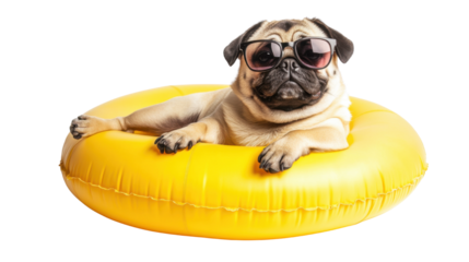 Playful Pug Relaxing on Inflatable Float with Sunglasses Isolate on White Background 