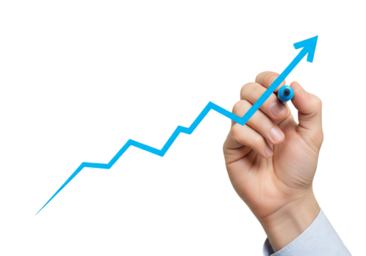 Hand with a blue marker drawing a rising arrow graph, symbolizing growth. Isolated on transparent background, png