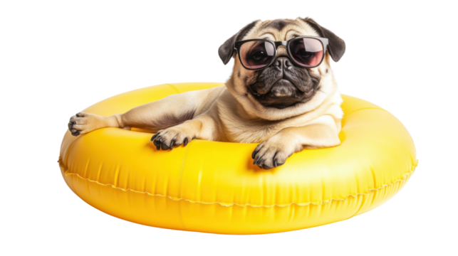 Playful Pug Relaxing on Inflatable Float with Sunglasses Isolate on White Background 