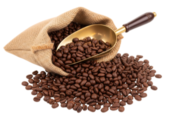 Roasted coffee beans in a burlap sack with a metal scoop. Isolated on transparent background, png