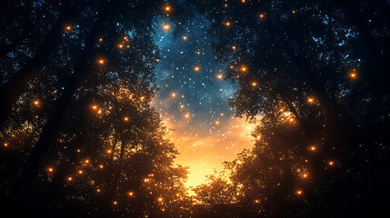 Enchanting Firefly Forest at Sunset Magical Night Scene