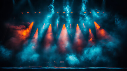 Dramatic Stage Lighting with Smoke and Haze Blue and Orange Spotlight Beams
