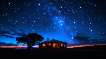 Starry Night Sky over Secluded Country House