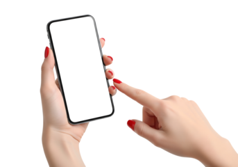 Woman's hand with red nails holding a smartphone with a blank screen mockup. Isolated on transparent background, png