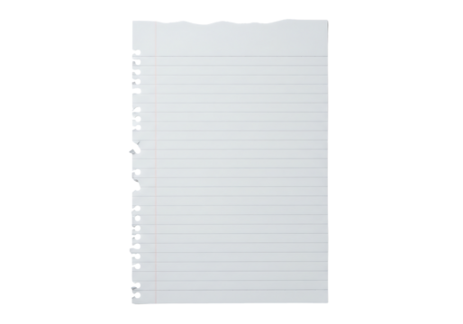 Single sheet of ripped or torn lined notebook paper with a hole punched edge. Isolated on transparent background, png