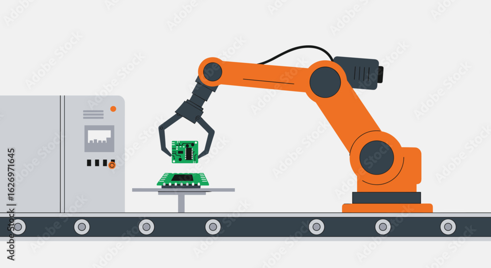 Poster automated robotics arm assembling electronic circuit boards in industrial setting. vector illustrati