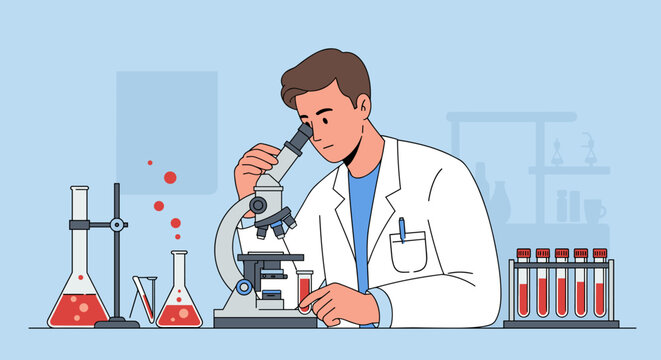 Young caucasian male scientist using microscope in laboratory with test tubes and equipment. Vector illustration