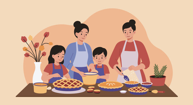 Family baking activity with asian female adults and children making pies together. Vector illustration