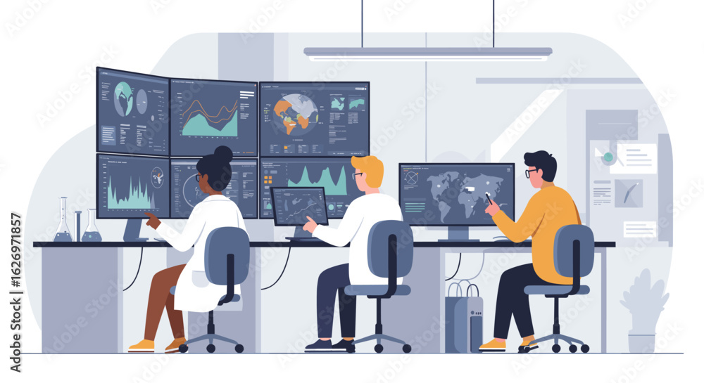 Poster diverse team of scientists analyzing data in modern laboratory with advanced technology. vector illu