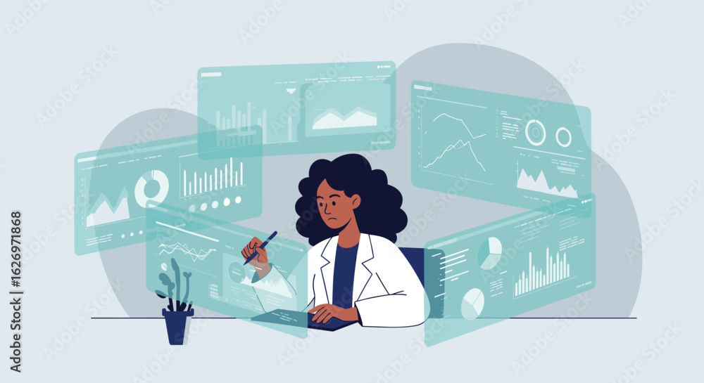 Poster young african female data analyst working with interactive digital graphs and charts. vector illustr