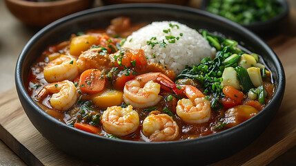 Delicious Spicy Shrimp Curry with Rice and Vegetables