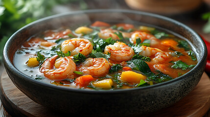 Steaming Bowl of Spicy Shrimp and Vegetable Soup