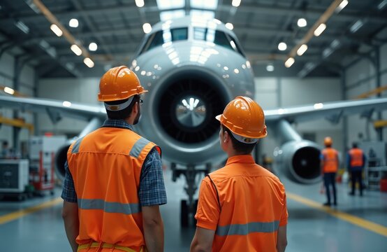 Two technicians wearing safety gear observe aircraft intricacies in aerospace facility. Busy environment with advanced equipment, tools, and machinery for inspection, maintenance, and repair.