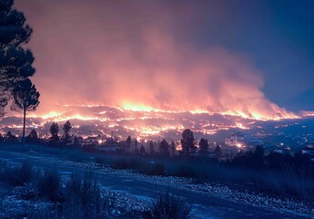 Wildfire burning across hills and homes during a dramatic night in a rural area