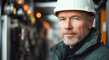 Portrait of a confident engineer wearing a hard hat in an industrial setting with machinery in the background
