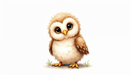 Naklejka premium Cute watercolor illustration of baby owl chick with big dark eyes, fluffy brown feathers. Adorable avian stands on patch of grass against clean white background, perfect for children books nature